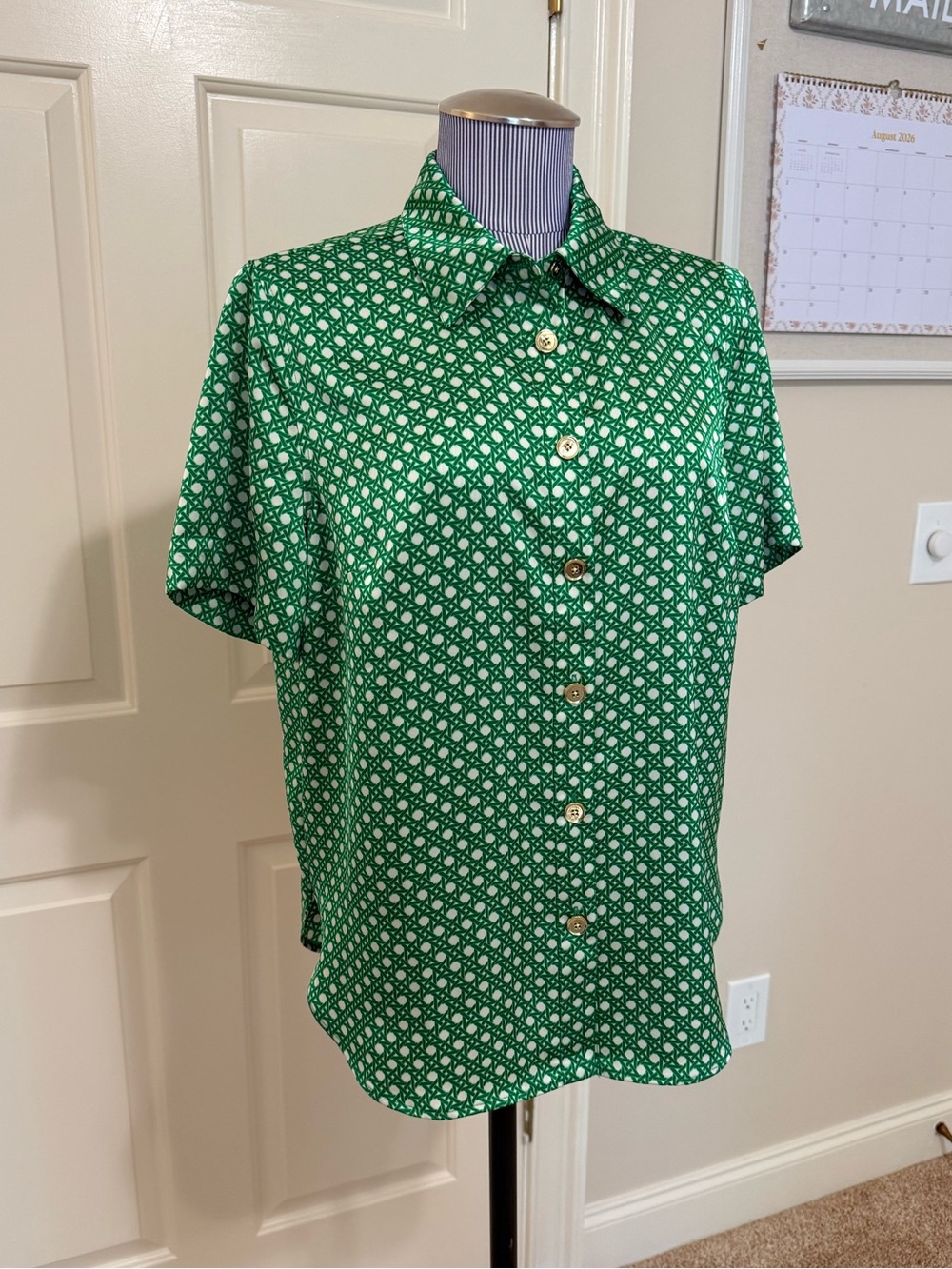 Talbots Green Satin Lattice Print Blouse – Size M - Picture 5 of 11